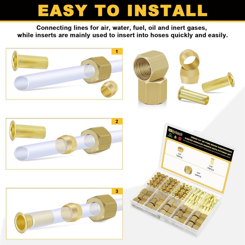 Siptenk 180PCS 1/4" Brass Compression Fittings Sleeves Ferrules Inserts Nuts Assortment Kit, Brass Ferrule Tubing Insert for Air Hose Lines - Image 4